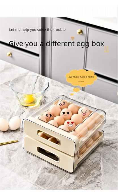 Drawer-Style Refrigerator Egg Organizer — Double Layer, 32 Compartments