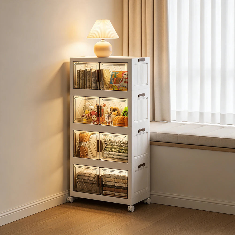 4-Tier Folding Storage Boxes with Doors & Wheels — Stackable Plastic Organizer Cabinet