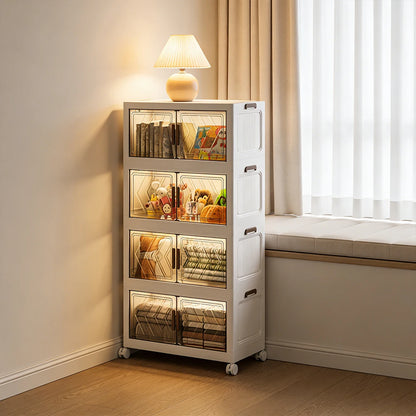 4-Tier Folding Storage Boxes with Doors & Wheels — Stackable Plastic Organizer Cabinet