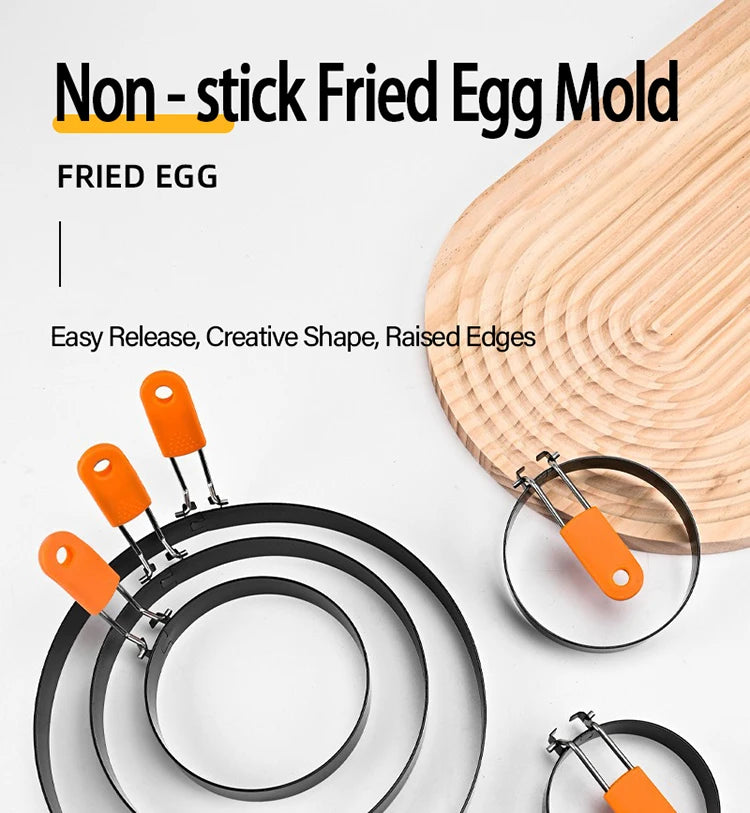 Stainless Steel Fried Egg Ring Mold — Heat-Resistant Silicone Handle & Non-Stick Egg Shaper