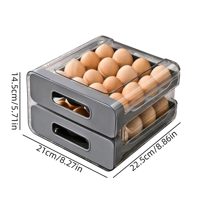 Drawer-Style Refrigerator Egg Organizer — Double Layer, 32 Compartments