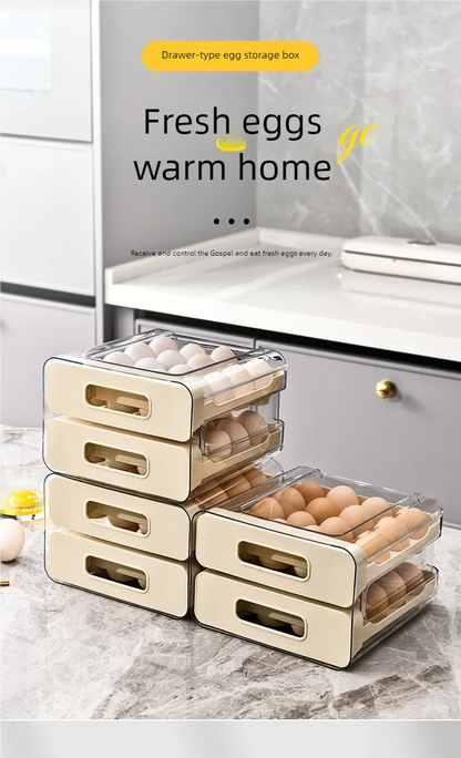 Drawer-Style Refrigerator Egg Organizer — Double Layer, 32 Compartments
