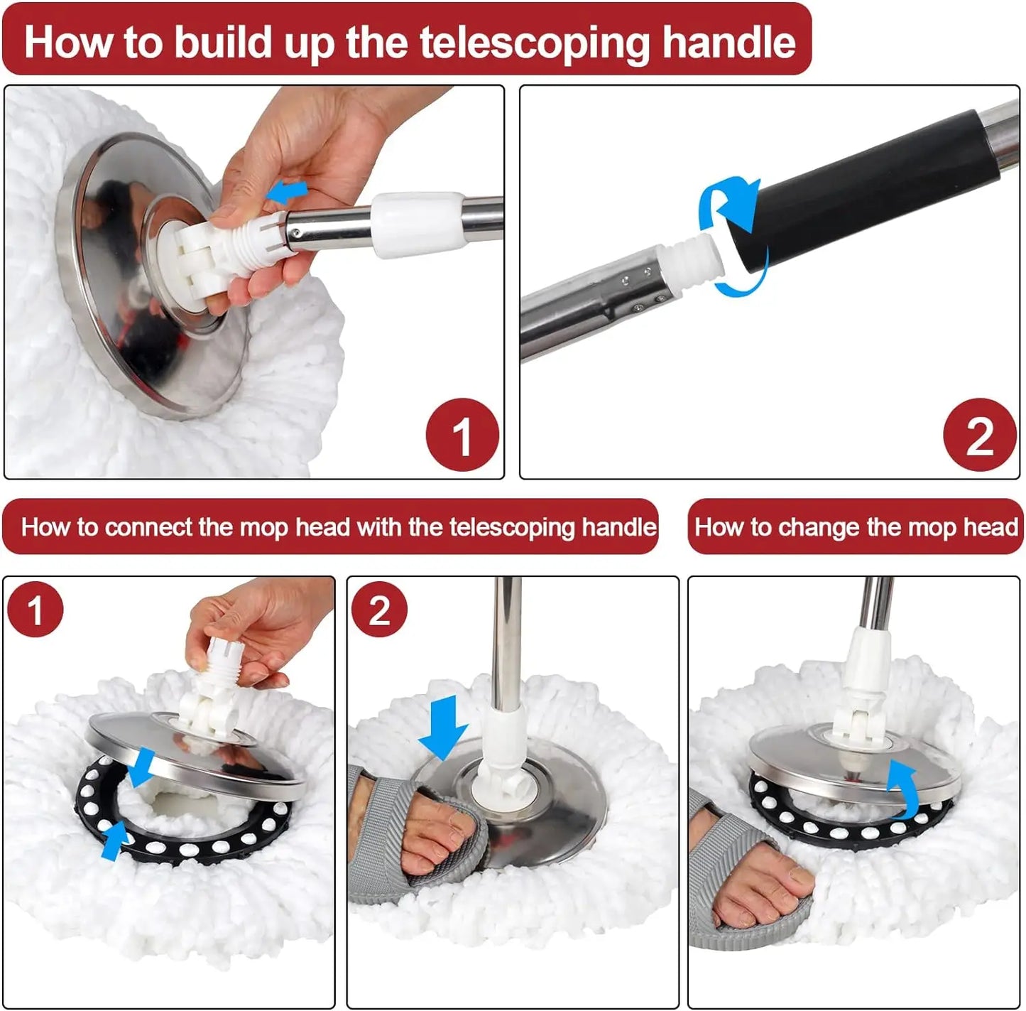 Spin Mop and Bucket Set — 61" Extendable Handle, Stainless Steel Basket & 3 Microfiber Heads