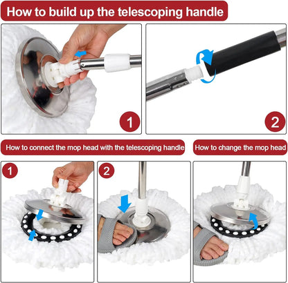 Spin Mop and Bucket Set — 61" Extendable Handle, Stainless Steel Basket & 3 Microfiber Heads
