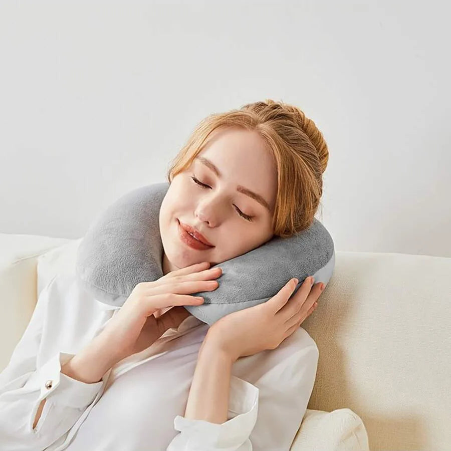 Travel Neck Pillow — U-Shape Bamboo Fiber Snap Strap Pillow for Airplane, Car & Office