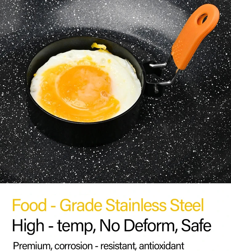 Stainless Steel Fried Egg Ring Mold — Heat-Resistant Silicone Handle & Non-Stick Egg Shaper