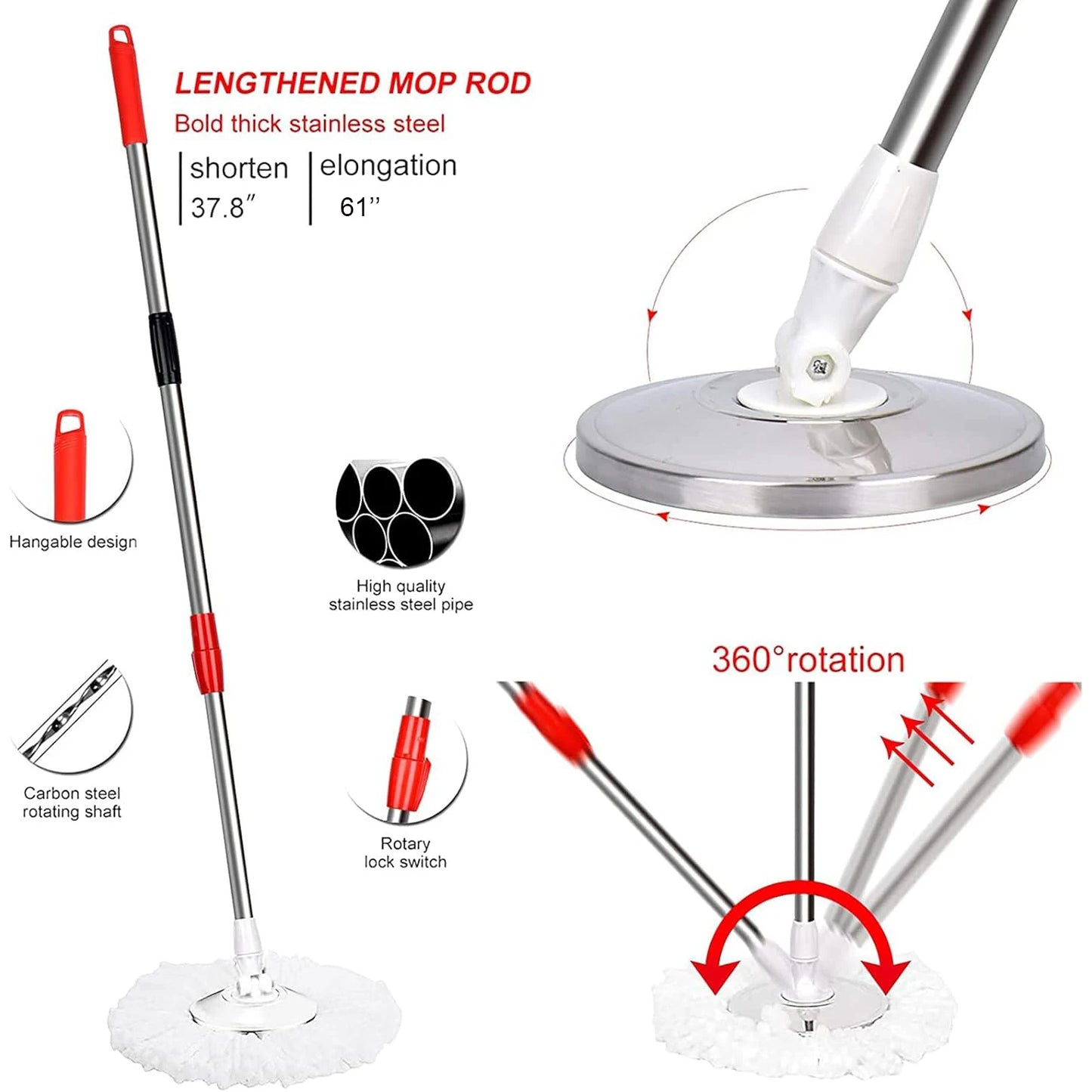 Spin Mop and Bucket Set — 61" Extendable Handle, Stainless Steel Basket & 3 Microfiber Heads