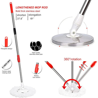 Spin Mop and Bucket Set — 61" Extendable Handle, Stainless Steel Basket & 3 Microfiber Heads