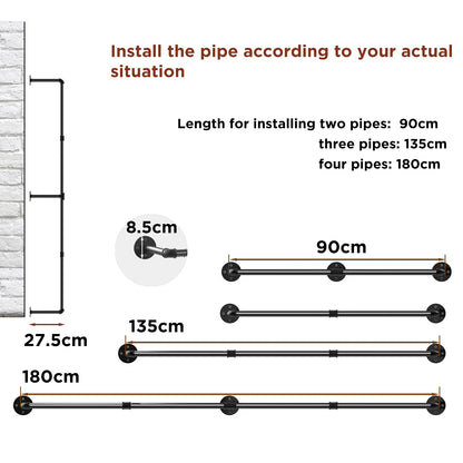 Industrial Pipe Clothes Rack — Heavy Duty Wall Mounted Garment Bar, Detachable 90–180cm