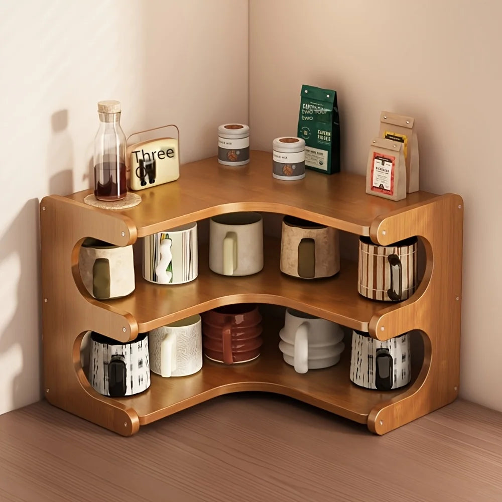 3-Tier Bamboo Corner Desk Shelf — Natural Wood Organizer for Plants, Books & Stationery
