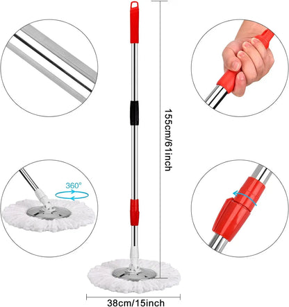 Spin Mop and Bucket Set — 61" Extendable Handle, Stainless Steel Basket & 3 Microfiber Heads
