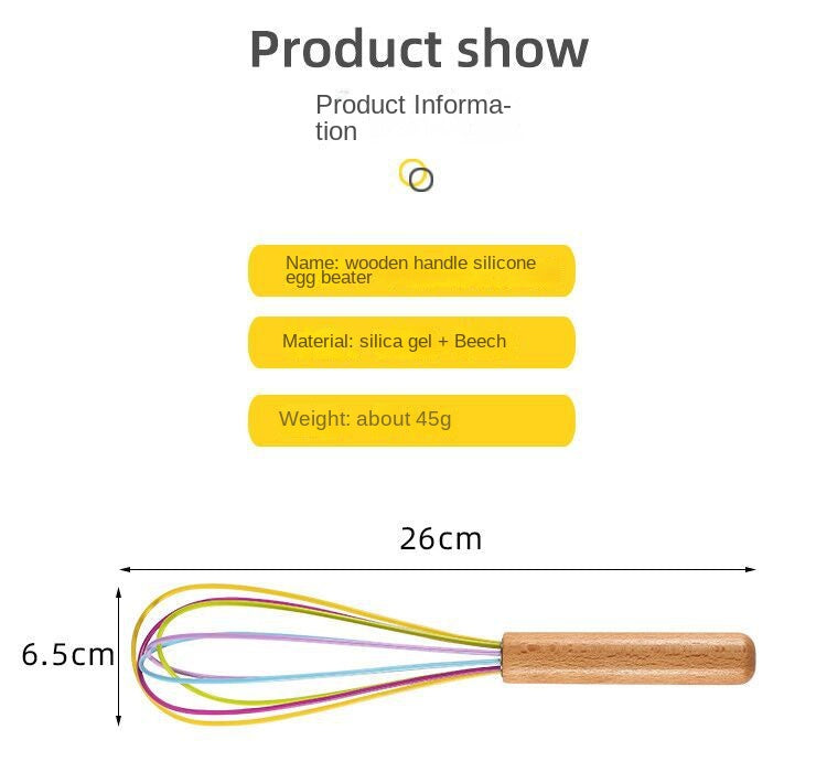 Silicone Manual Egg Beater with Wooden Handle — 10-Inch Non-Scratch Whisk for Baking & Cooking