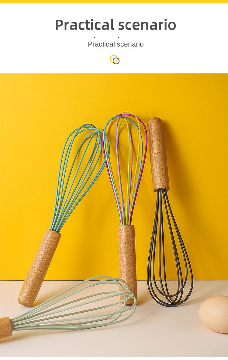Silicone Manual Egg Beater with Wooden Handle — 10-Inch Non-Scratch Whisk for Baking & Cooking