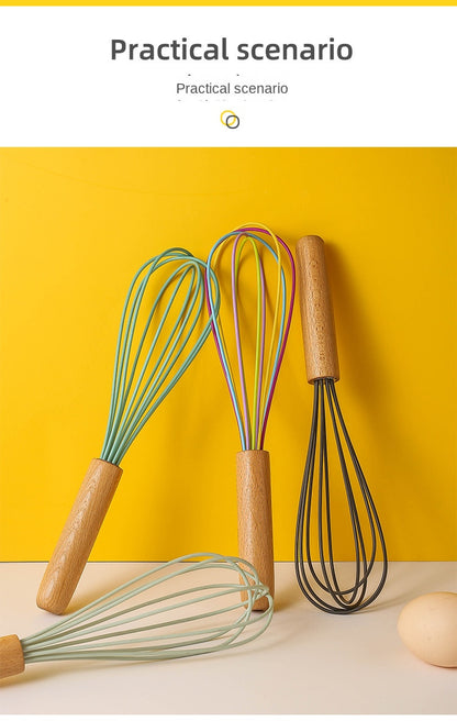 Silicone Manual Egg Beater with Wooden Handle — 10-Inch Non-Scratch Whisk for Baking & Cooking