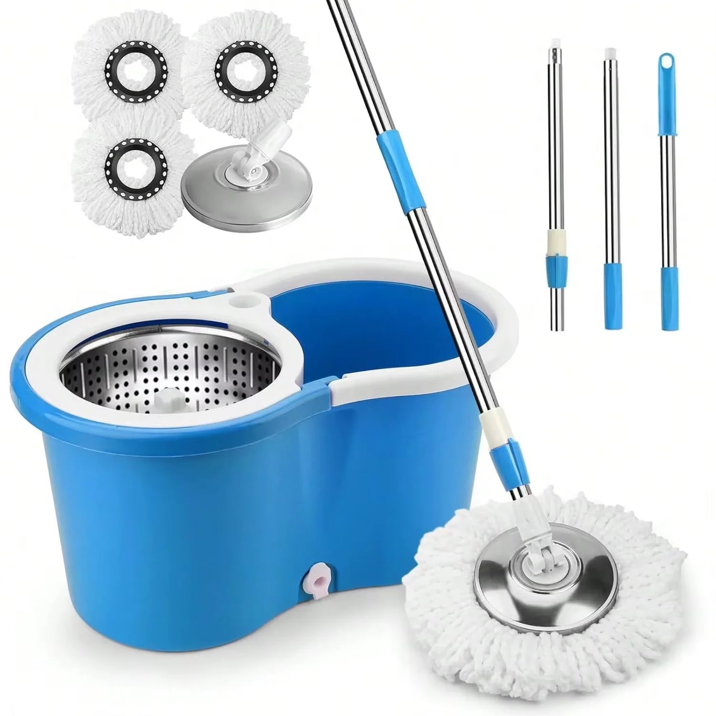 Spin Mop and Bucket Set — 61" Extendable Handle, Stainless Steel Basket & 3 Microfiber Heads