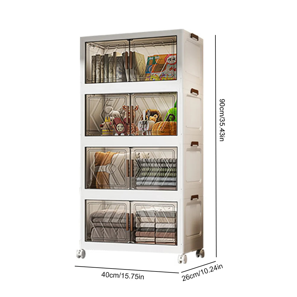 4-Tier Folding Storage Boxes with Doors & Wheels — Stackable Plastic Organizer Cabinet