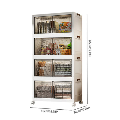 4-Tier Folding Storage Boxes with Doors & Wheels — Stackable Plastic Organizer Cabinet