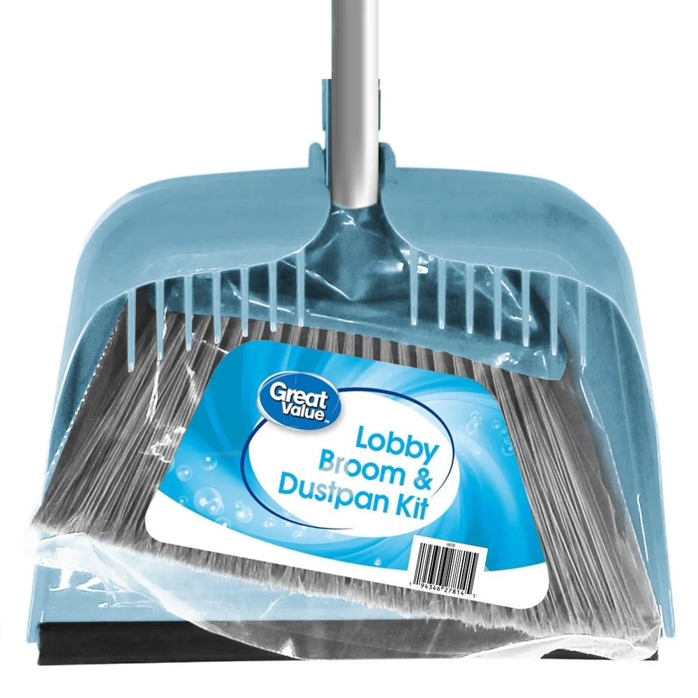 Lobby Broom and Dustpan Set — Long Handle, Rubber Lip, Integrated Comb for Home & Office