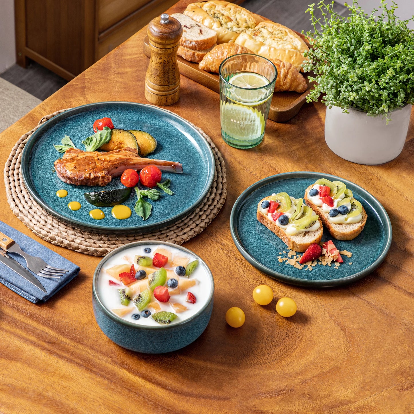 Blue Ceramic Dinnerware Set — 18 or 36 Piece Reactive Glaze Plates, Bowls & Dessert Set