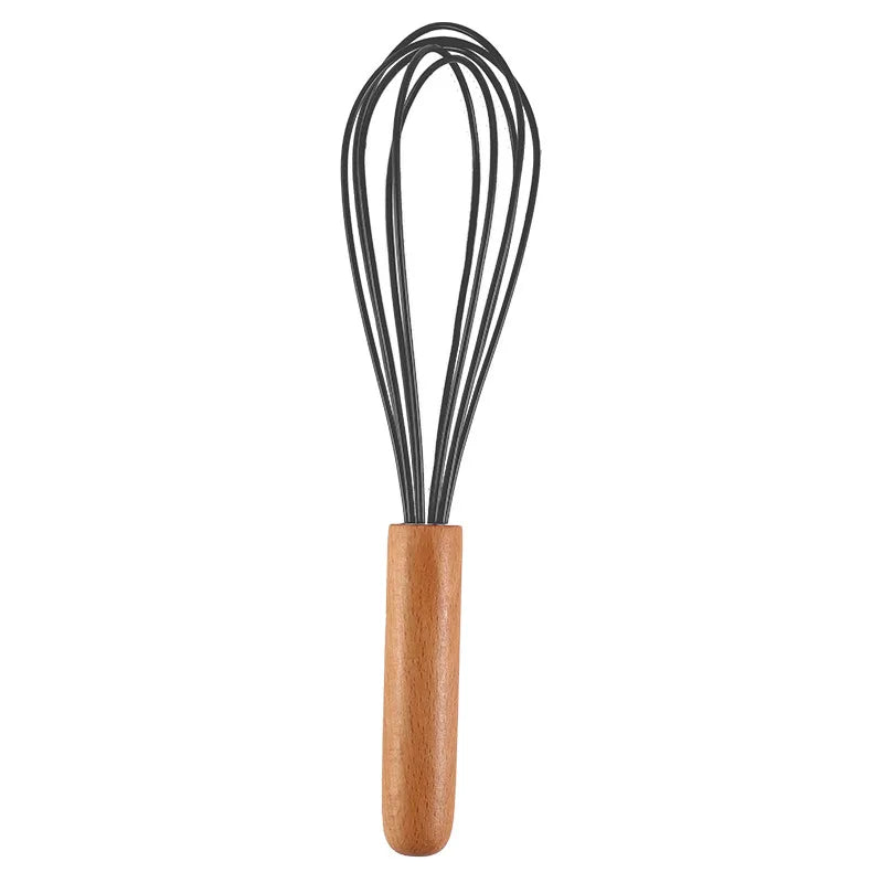 Silicone Manual Egg Beater with Wooden Handle — 10-Inch Non-Scratch Whisk for Baking & Cooking