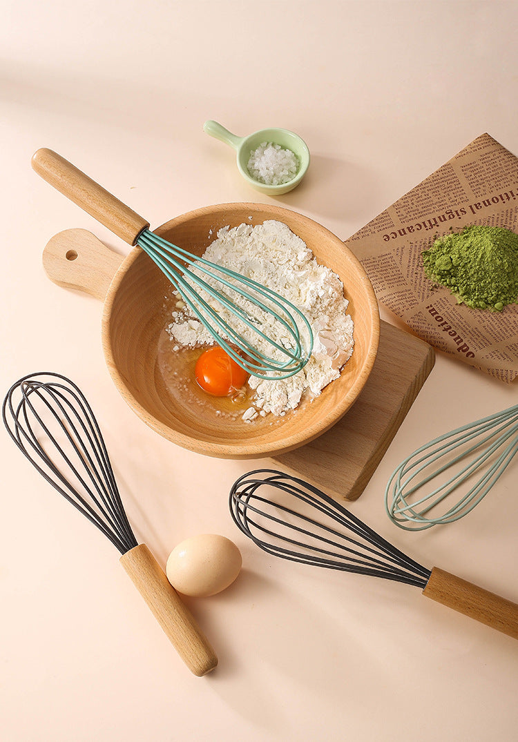 Silicone Manual Egg Beater with Wooden Handle — 10-Inch Non-Scratch Whisk for Baking & Cooking