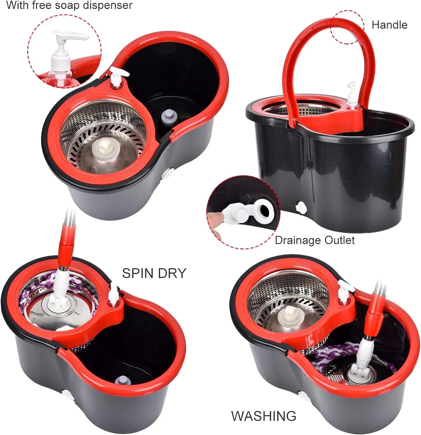 Spin Mop and Bucket Set — 61" Extendable Handle, Stainless Steel Basket & 3 Microfiber Heads