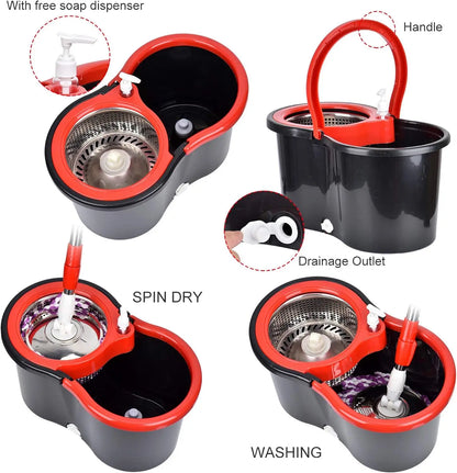 Spin Mop and Bucket Set — 61" Extendable Handle, Stainless Steel Basket & 3 Microfiber Heads
