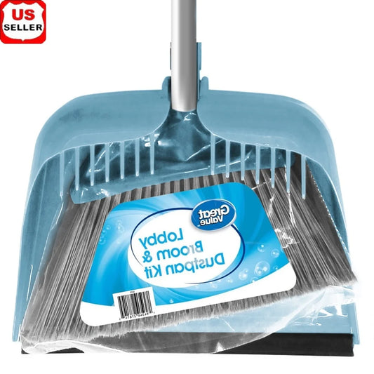 Lobby Broom and Dustpan Set — Long Handle, Rubber Lip, Integrated Comb for Home & Office