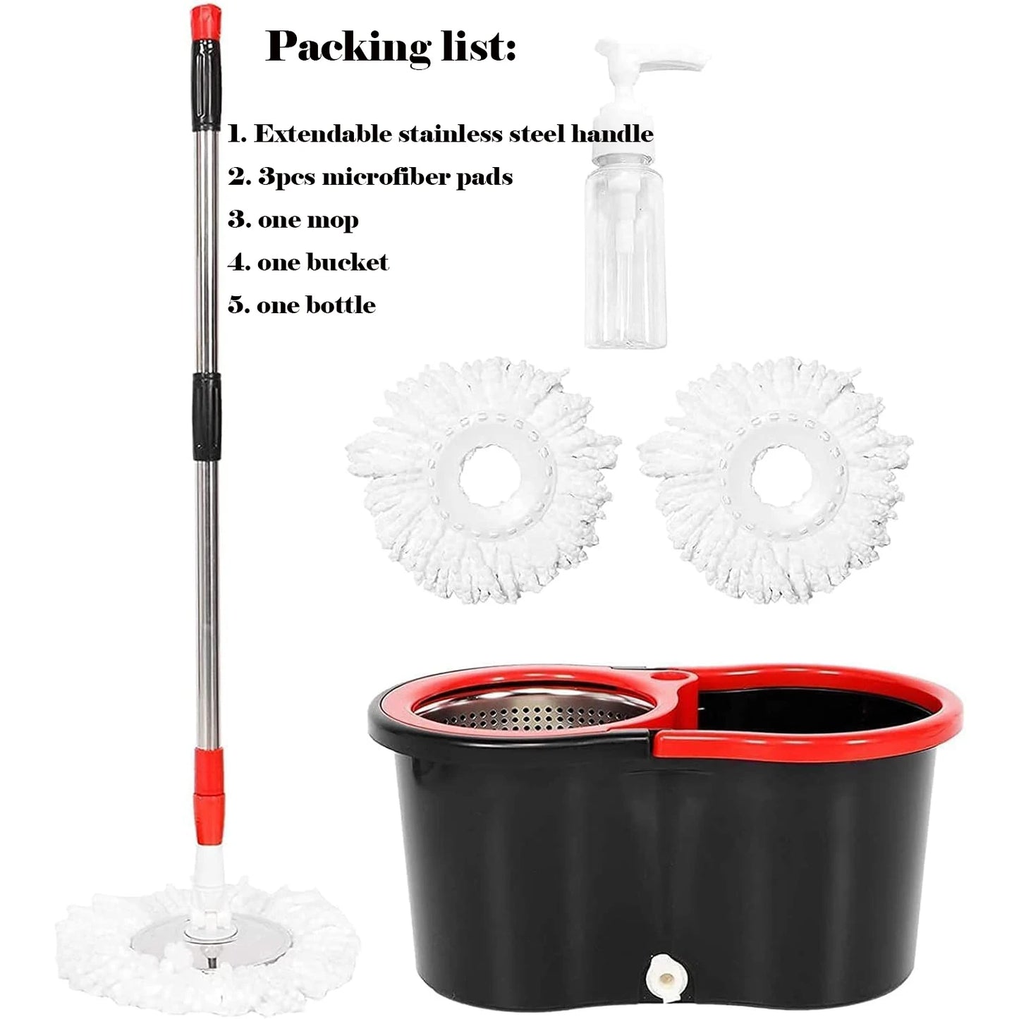 Spin Mop and Bucket Set — 61" Extendable Handle, Stainless Steel Basket & 3 Microfiber Heads