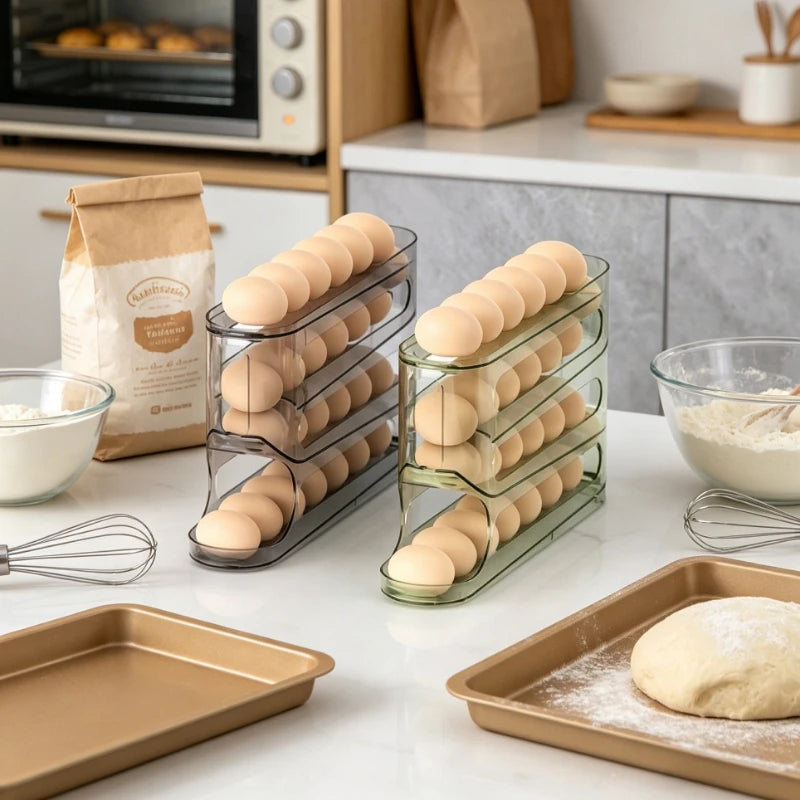 4-Layer Transparent Slide Egg Storage Box — Auto-Roll Fridge Organizer
