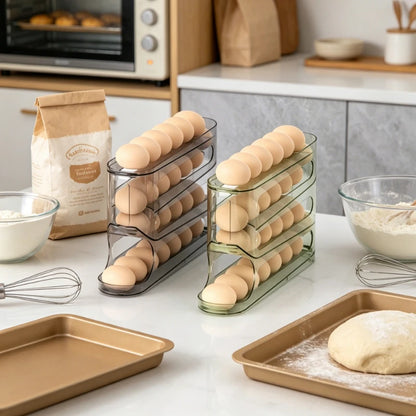 4-Layer Transparent Slide Egg Storage Box — Auto-Roll Fridge Organizer