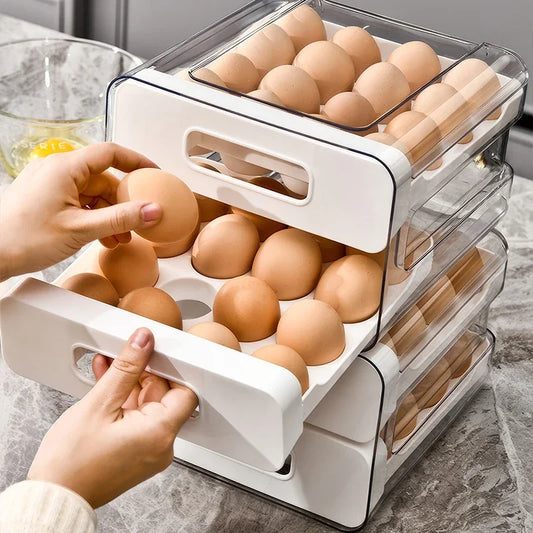 Drawer-Style Refrigerator Egg Organizer — Double Layer, 32 Compartments