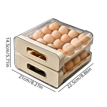 Drawer-Style Refrigerator Egg Organizer — Double Layer, 32 Compartments