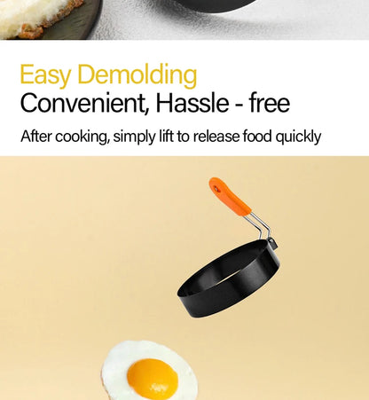 Stainless Steel Fried Egg Ring Mold — Heat-Resistant Silicone Handle & Non-Stick Egg Shaper