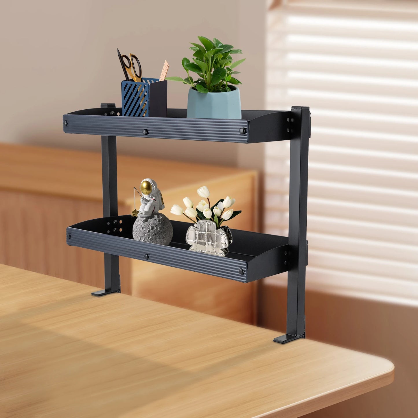 2-Tier Clamp-On Desk Shelf — Above or Under Table Corner Organizer, Black