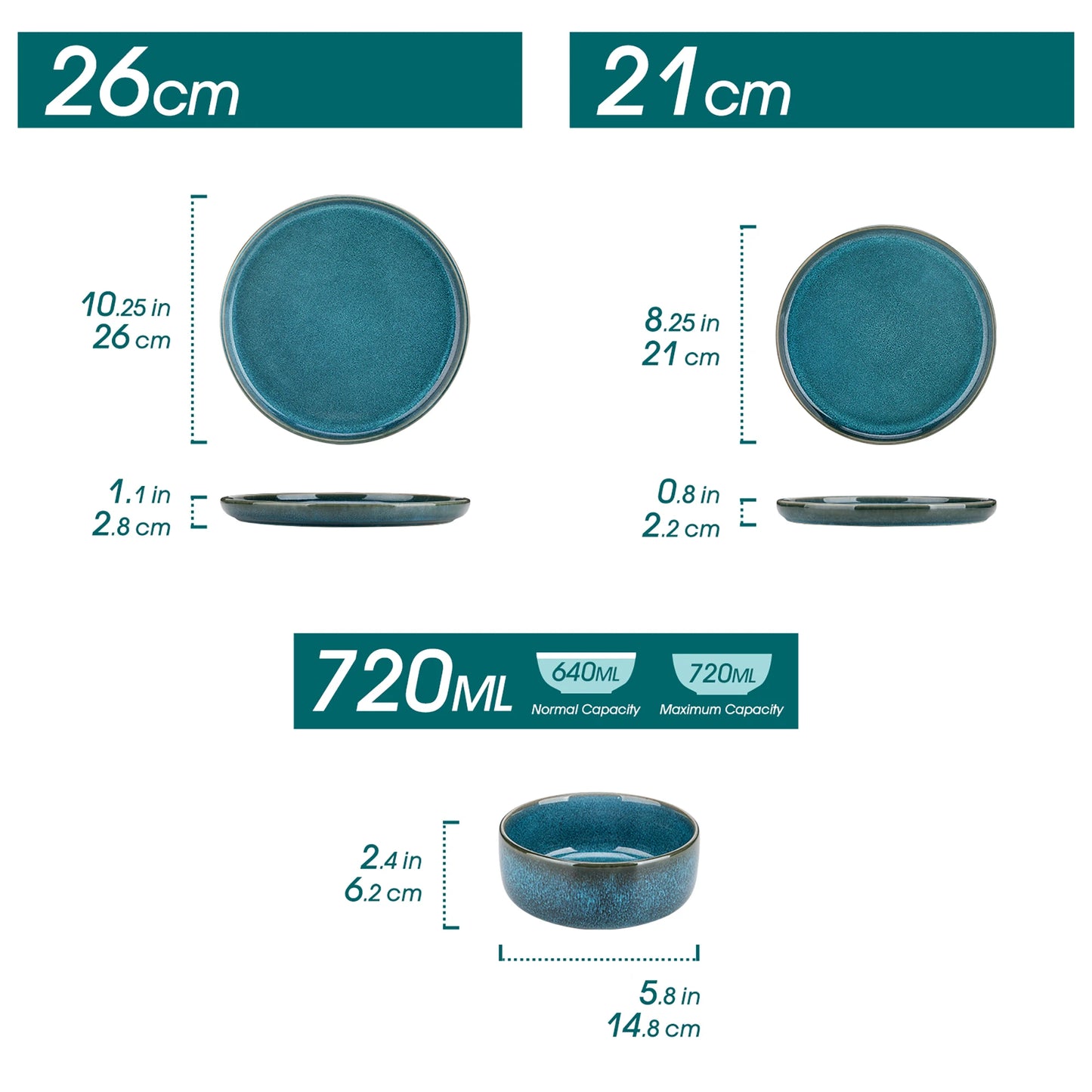 Blue Ceramic Dinnerware Set — 18 or 36 Piece Reactive Glaze Plates, Bowls & Dessert Set
