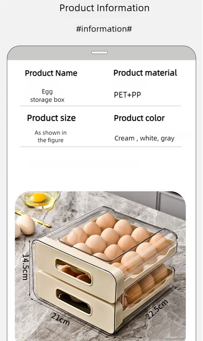 Drawer-Style Refrigerator Egg Organizer — Double Layer, 32 Compartments