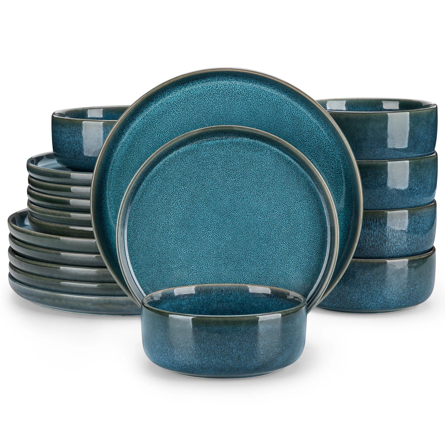 Blue Ceramic Dinnerware Set — 18 or 36 Piece Reactive Glaze Plates, Bowls & Dessert Set