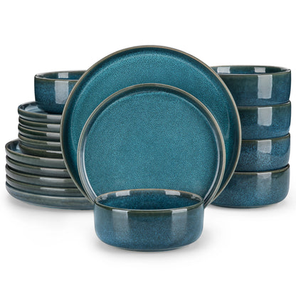 Blue Ceramic Dinnerware Set — 18 or 36 Piece Reactive Glaze Plates, Bowls & Dessert Set