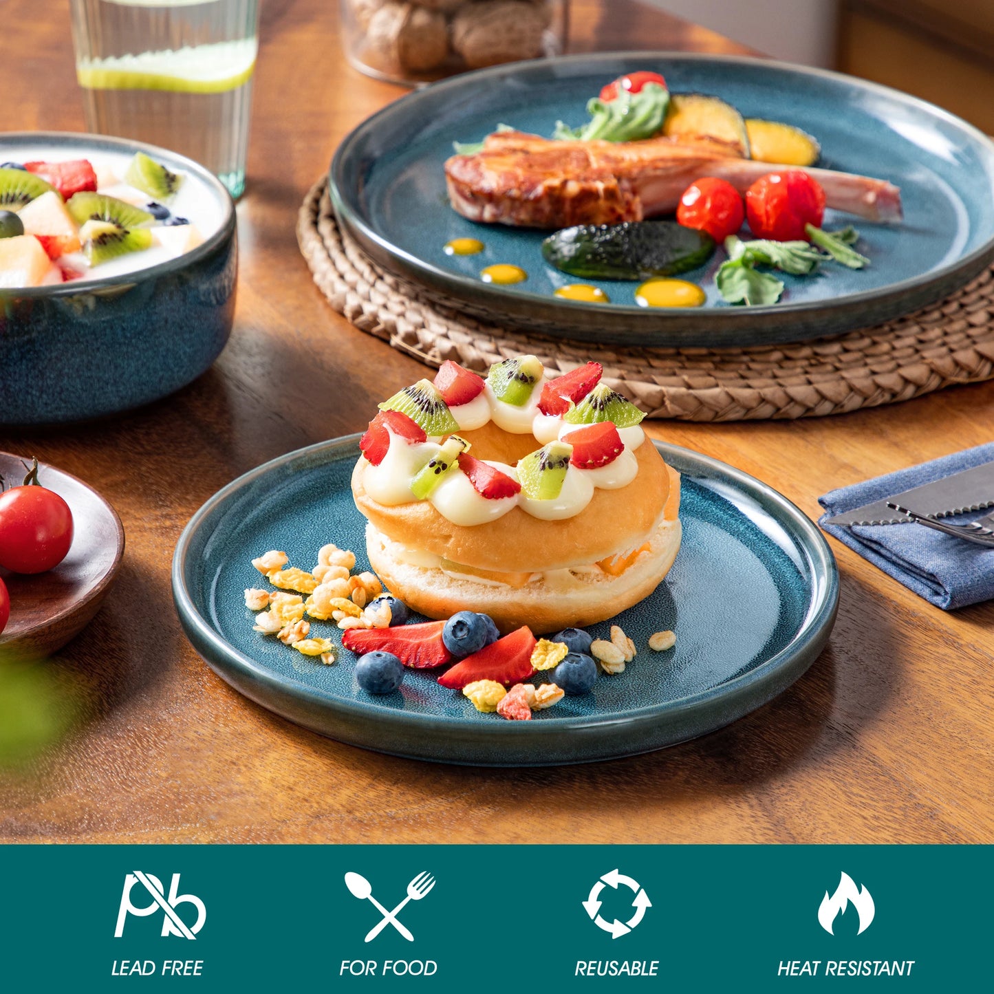 Blue Ceramic Dinnerware Set — 18 or 36 Piece Reactive Glaze Plates, Bowls & Dessert Set