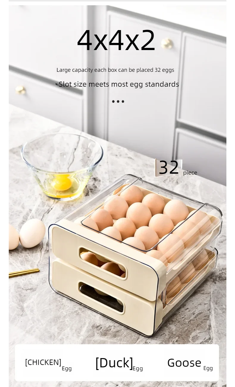 Drawer-Style Refrigerator Egg Organizer — Double Layer, 32 Compartments