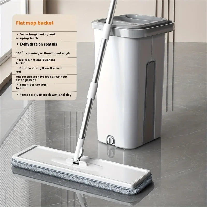 Hands-Free Flat Mop and Bucket Set — 360° Swivel, Long Handle with 4 Reusable Microfiber Pads