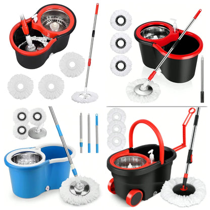 Spin Mop and Bucket Set — 61" Extendable Handle, Stainless Steel Basket & 3 Microfiber Heads
