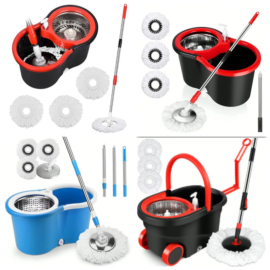 Spin Mop and Bucket Set — 61" Extendable Handle, Stainless Steel Basket & 3 Microfiber Heads
