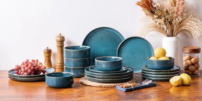 Blue Ceramic Dinnerware Set — 18 or 36 Piece Reactive Glaze Plates, Bowls & Dessert Set
