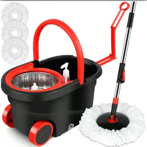 Spin Mop and Bucket Set — 61" Extendable Handle, Stainless Steel Basket & 3 Microfiber Heads