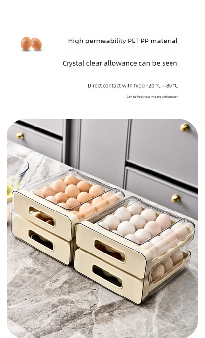 Drawer-Style Refrigerator Egg Organizer — Double Layer, 32 Compartments
