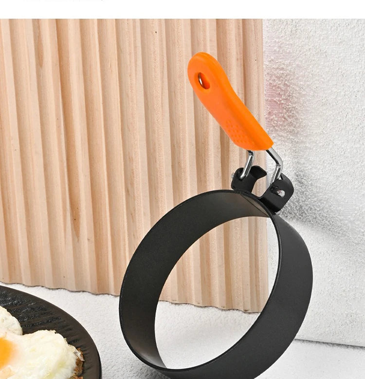 Stainless Steel Fried Egg Ring Mold — Heat-Resistant Silicone Handle & Non-Stick Egg Shaper
