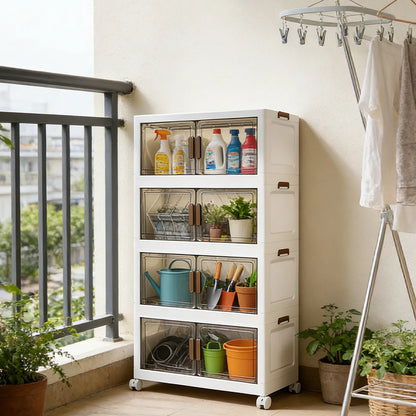 4-Tier Folding Storage Boxes with Doors & Wheels — Stackable Plastic Organizer Cabinet