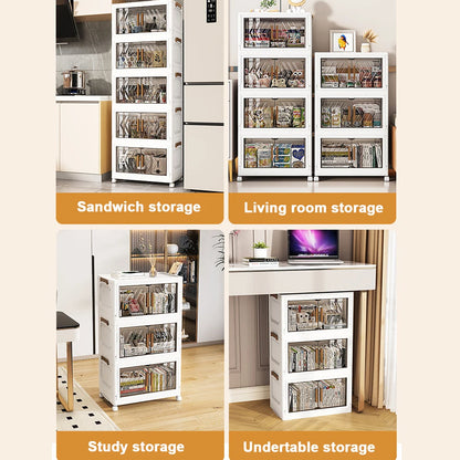 4-Tier Folding Storage Boxes with Doors & Wheels — Stackable Plastic Organizer Cabinet